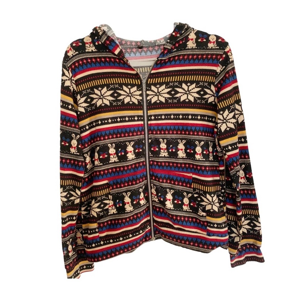 Vintage Black Multicolor Bunny Fairisle Inspired Hooded Sweater